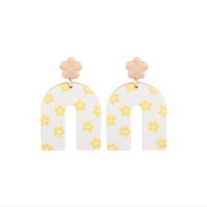 Retro 60s Mod Geometric Arch Wood Dangle Earrings Yellow & White Floral